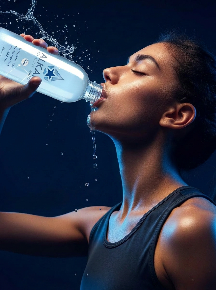 Athlete drinking ice-cold Alkaid alkaline water with a splash